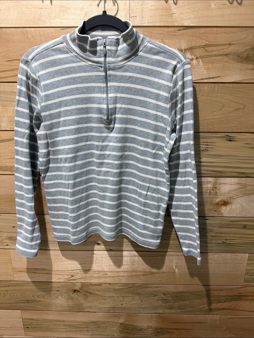 L.L. Bean Light Gray and White Striped Half-Zip Pullover